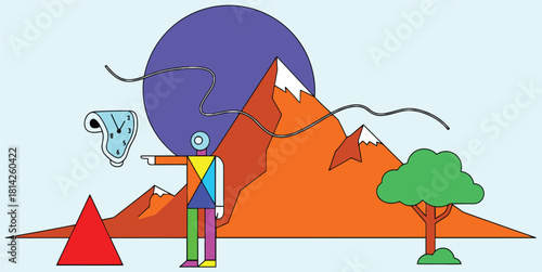 Geometric Surreal Landscape with Melting Clock Illustration