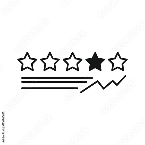 Line art icon representing a fourstar rating, customer satisfaction, and business growth trend