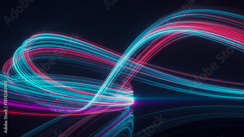 Fototapeta Naklejka Na Ścianę i Meble -  Abstract glowing light trails in vibrant blue and red forming a dynamic swirling ribbon shape