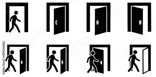 A collection of eight black and white illustrations of doors and stick figures entering or exiting them