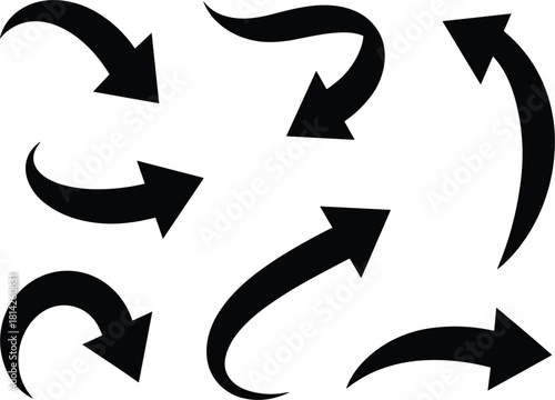 Set of bold black curved arrow vector silhouettes, dynamic direction pointers, isolated graphic symbols for movement, flow, navigation, and web design elements