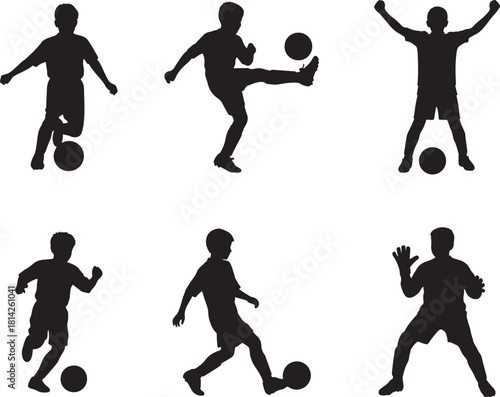 Kids Playing Football Soccer Silhouette Vector Set