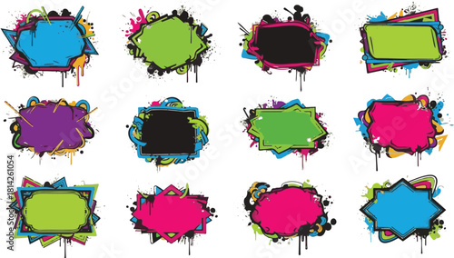 Colorful graffiti paint splatters and grunge frames collection.