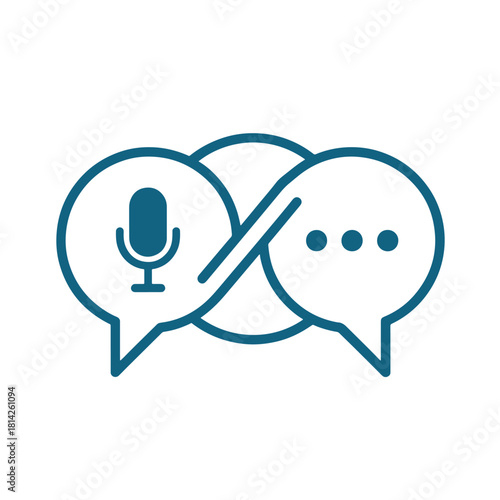 Teal microphone icon inside speech bubble crossed out next to speech bubble with dots communication