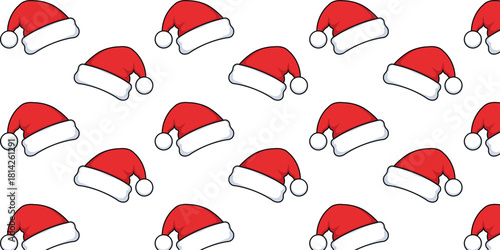 Clean, minimalist seamless pattern of festive red and white Santa Claus hats repeated across a bright white background. Excellent for Christmas product packaging, greeting cards, website headers, and 