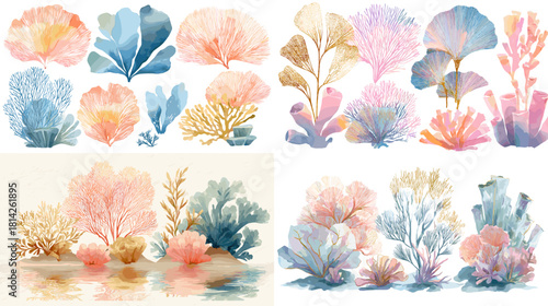 A bright watercolor coral and sea plant collection with soft tropical colors. Perfect for ocean decor, marine patterns, coastal illustrations, and botanical artwork.
