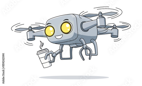 Futuristic delivery drone delivering coffee with a smile, showcasing innovative technology and convenience, perfect for modern lifestyle brands and robotics themed projects