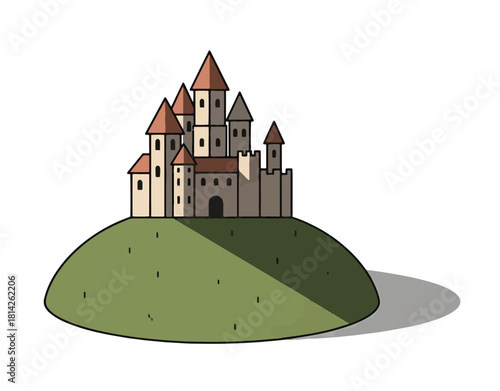Enchanting medieval castle perched atop a grassy hill, perfect for fairy tales and fantasy novels, capturing a sense of adventure and timeless magic, ideal for branding and storytelling projects