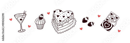 Valentines Day Doodle Sweets Illustration Set Cute Love Desserts