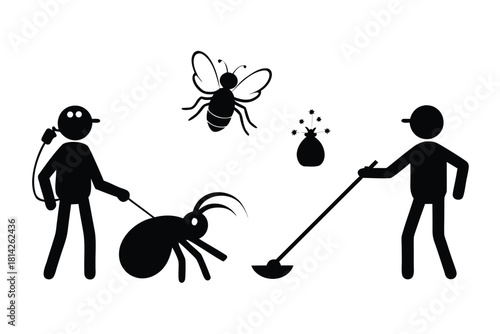 Two anonymous figures tend to various abstract shapes on a white background, minimal design