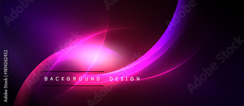 Abstract purple, pink gradients. Smooth curves create dynamic light effect. Text reads background design. Minimalist, modern aesthetic.