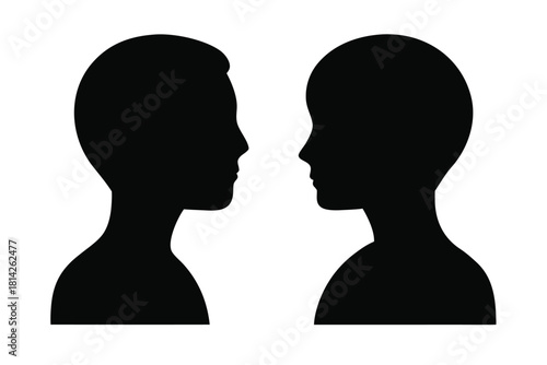 Two black profile silhouettes are facing each other on the transparent white background