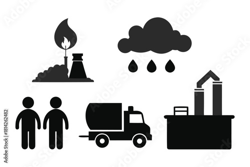 Two generic people stand before a refinery, tanker truck, and factory under rain