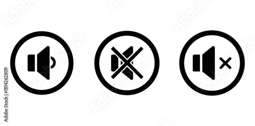 Three black and white sound icons showing volume up muted and no sound in a row on white background