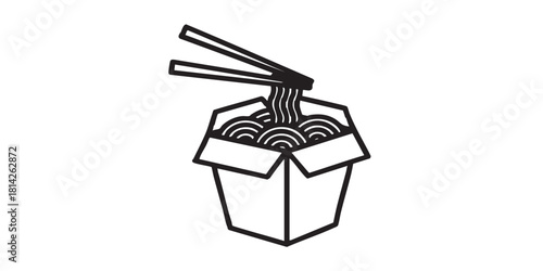 Noodles with chopsticks line icon, japanese food concept. Vector graphics. Cardboard box with noodles, fastfood sign on white background, style icon mobile or web design