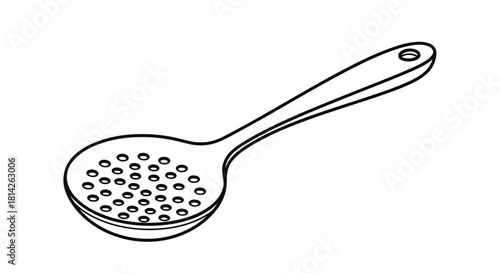 A simple black and white line drawing of a slotted spoon with a hole in the handle.
