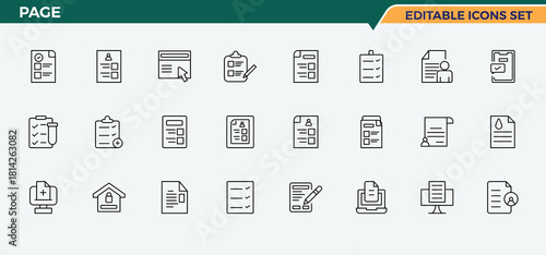Page icon collection. Includes symbols for form, report, data, document, text and more. Form icon set. Collection of simple line web icons. Editable vector illustration.