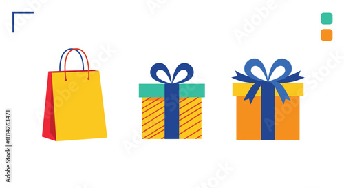 Three colorful gift items, a shopping bag and two wrapped presents, displayed on a white background.