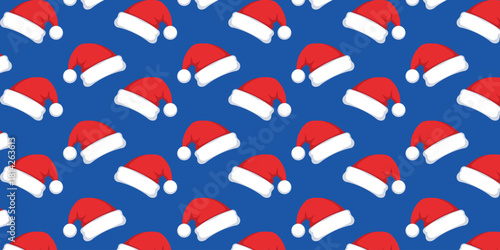 Bright, cheerful seamless pattern featuring classic red and white Santa Claus hats arranged diagonally on a vibrant blue background. Perfect for holiday marketing, winter textiles, digital assets, and