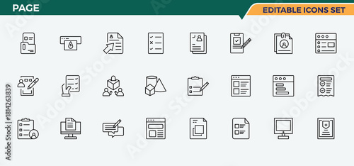 Page icon collection. Includes symbols for form, report, data, document, text and more. Form icon set. Collection of simple line web icons. Editable vector illustration.