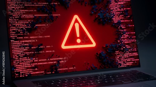 Glowing red warning triangle flashing on a laptop screen surrounded by glitching binary code and data particles in a dark 3D animation, illustrating a major cyber security system failure.