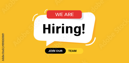 A yellow background with a hiring announcement in a speech bubble and join our team button below