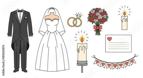 Wedding icons including a tuxedo, wedding dress, rings, bouquet, candles, and banner.