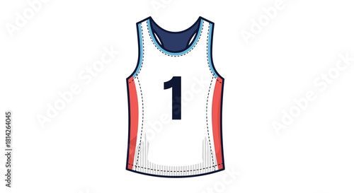 Illustration of a white basketball jersey with red and blue accents and the number 1.