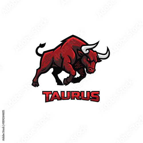 A powerful red bull in a charging stance, symbolizing strength, determination, and unstoppable energy in the bold Taurus logo design.