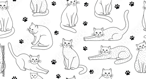 Seamless pattern of hand-drawn black and white cats and paw prints on a white background.