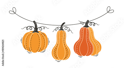 Illustration of three cartoon pumpkins hanging on a string like a garland.
