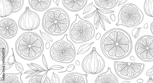 Seamless pattern with hand-drawn figs and citrus slices with leaves and olives.