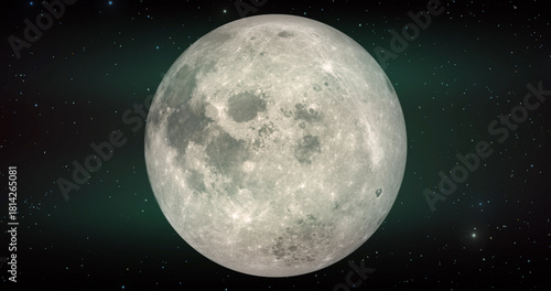 Moon with detail surface. Rotating planet in space with stars. Backdrop for astronomy, universe, space.