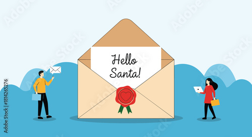 People sending letters to Santa Claus with a large envelope and wax seal.