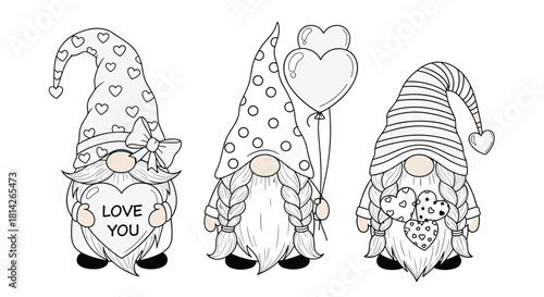Three cute gnomes celebrating love with hearts and balloons.