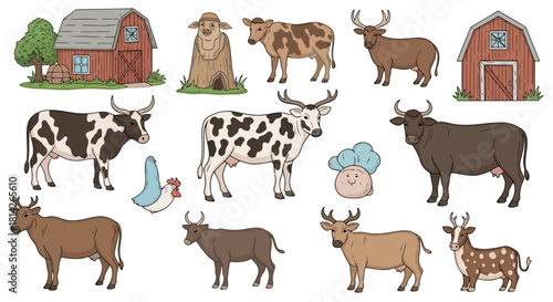 Farm animals doodle icons set. Hand drawn vector illustration
