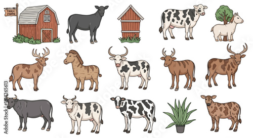Farm animals doodle icons set. Hand drawn vector illustration