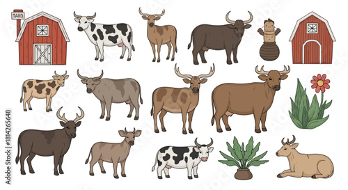 Farm animals doodle icons set. Hand drawn vector illustration