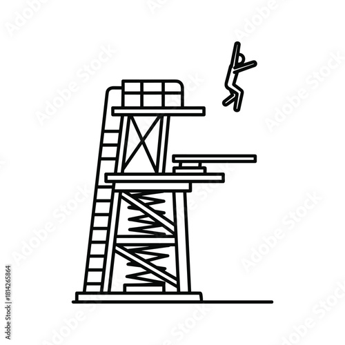 Line art illustration of a diver jumping from a high diving board isolated on
