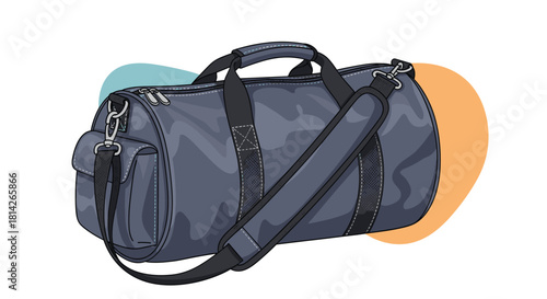 A close-up illustration of a grey duffel bag with black straps and metal hardware, set against abstract background shapes.