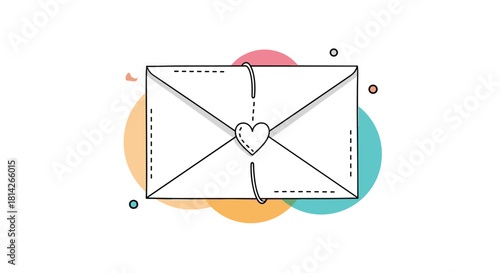 Line art illustration of a white envelope with a heart tied shut with string, surrounded by colorful circles.