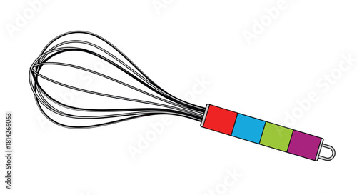 A colorful whisk with a red, blue, green, and purple handle on a white background.
