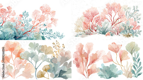 A soft watercolor coral and leaf collection in pastel pink and teal tones. Perfect for nature themed artwork, botanical designs, ocean decor, and elegant coastal illustrations.
