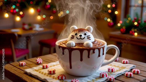 a cup of chocolate with a cat made of milk foam and Christmas decorations