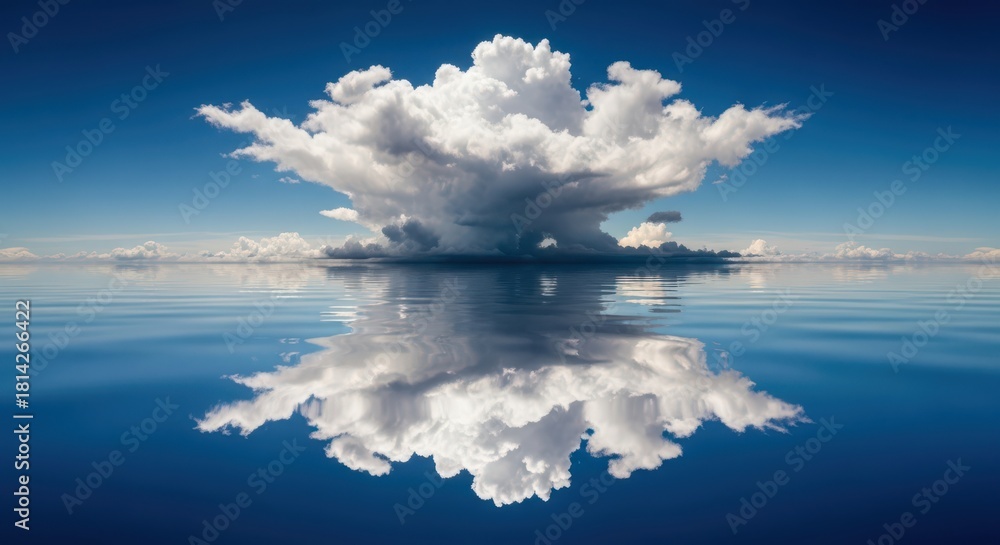 Fototapeta premium Celestial Symmetry: Massive Cumulus Cloud Reflected in Perfectly Still Blue Water Horizon