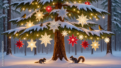 Squirrels are sitting under a decorated Christmas tree.