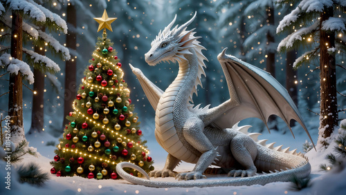 A white dragon in a forest next to a Christmas tree.