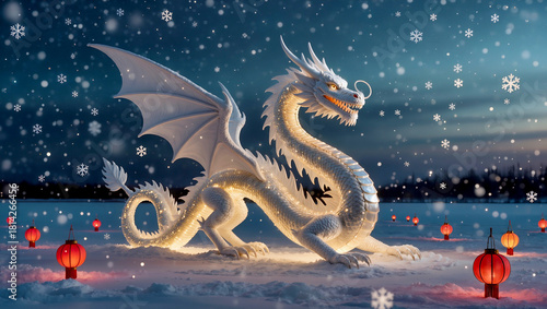 a white dragon with snowflakes and Chinese lanterns
