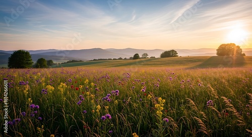 Fototapeta Naklejka Na Ścianę i Meble -  Wildflower meadow at sunset over hills