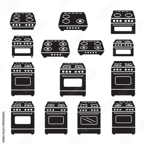 ollection of gas stove, oven, and cooktop black silhouettes for kitchen icons
